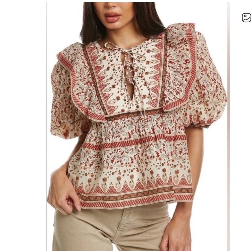NWT Calypso St. Barth Red Puff Sleeve Quilted Boho Ruffle Top size Large